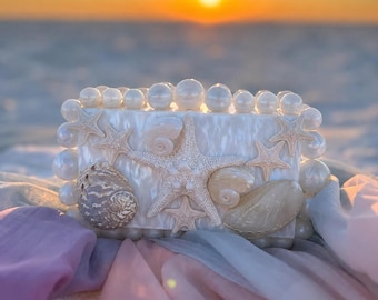 Handmade Seashell Handbag - Resort/Vacation Bag - Faux Marble Acrylic Clutch With Real Shells-Luxury Handbag-Island Vacations -Beach Wedding