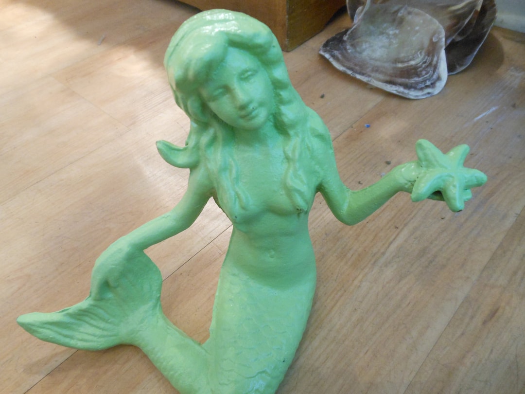Beach Decor Cast Iron Mermaid With Starfish Seafoam Green Mermaid Cast
