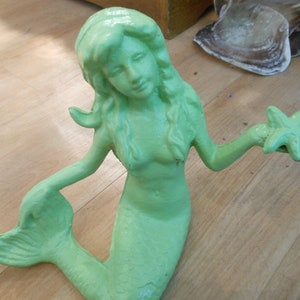 Beach Decor Cast Iron Mermaid with Starfish - Seafoam Green Mermaid - Cast Iron Mermaid - Mermaid Decor - Beach Decor