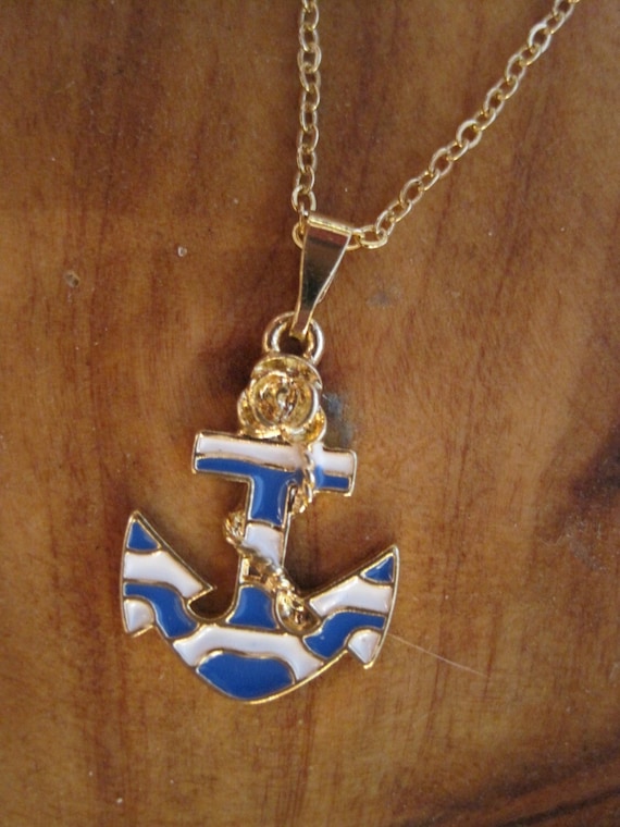 Blue and White Striped Anchor and Rope Necklace Gold Toned
