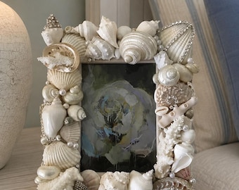 White Seashell Picture Frame With Swarovski Embellishments