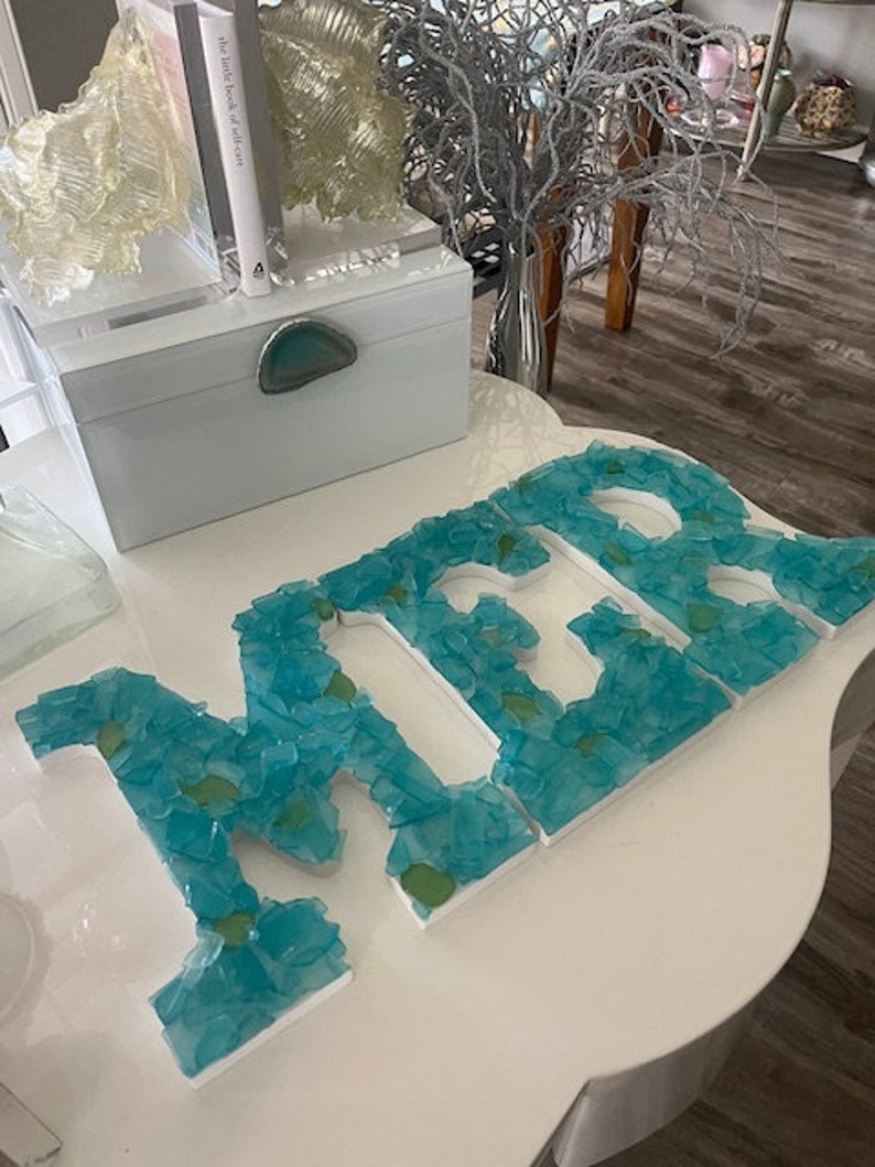 Beach Decor Sea Glass Letter Aqua Sea Glass Initial Coastal Home Decor Sea Glass Custom Wooden Letters Beach Beach Weddings 画像 8