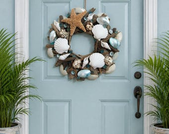 Beach Decor Seashell and Sugar Starfish Driftwood Wreath - Blue & White Shell Wreath - Coastal Home - Nautical - Christmas - Shell Wreath