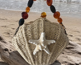 Handmade Starfish Handbag - Resort/Vacation/Coastal Bag - Bag With Real Knobby Starfish & Beaded Handle - Island Vacations - Beach Wedding