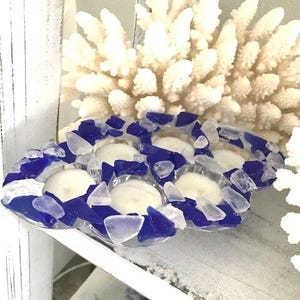 Beach Decor Seaglass Candle Holder - Blue Sea Glass Candle Holder - Beach Decor - Glass - Handmade Tea Light Holder - Beach Glass