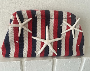 Handmade Starfish Handbag with Crystals - Coastal Clutch Purse -Unique Beach Vacation Bag with Real Starfish -Red White Blue Bag -Resort Bag