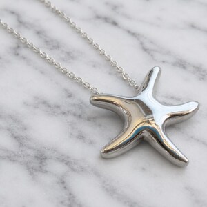 Può includere: Un ciondolo a forma di stella marina in argento lucido sospeso a una sottile catenina abbinata. La stella marina presenta una superficie liscia e riflettente con cinque braccia arrotondate, creando un design pulito appeso alla catena metallica.