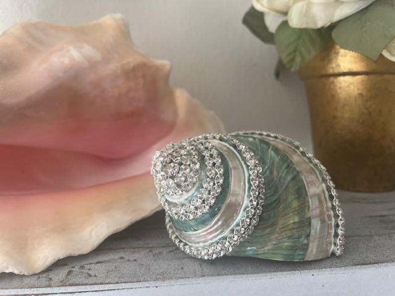 May include: A decorative seashell ornament featuring a teal and iridescent green finish, embellished with rows of clear, sparkling rhinestones along its spiral ridges and outer edges, creating a textured and reflective surface appearance.