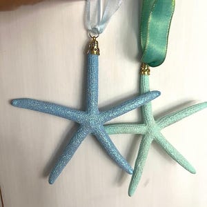 Decoração de praia com estrelas do mar reais, enfeites de Natal com glitter azul e verde (2 peças) - Enfeites de estrelas do mar tingidas - Decoração de casa costeira - Casamento na praia - Presente