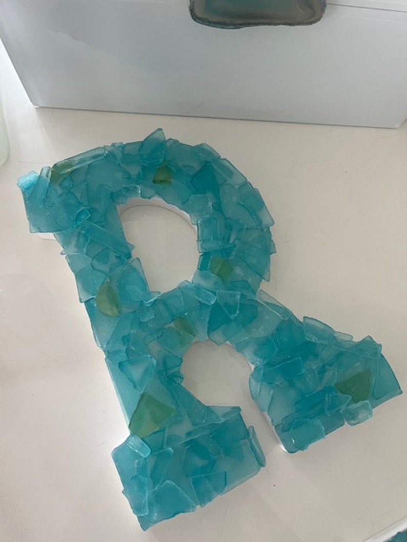 Beach Decor Sea Glass Letter Aqua Sea Glass Initial Coastal Home Decor Sea Glass Custom Wooden Letters Beach Beach Weddings 画像 7