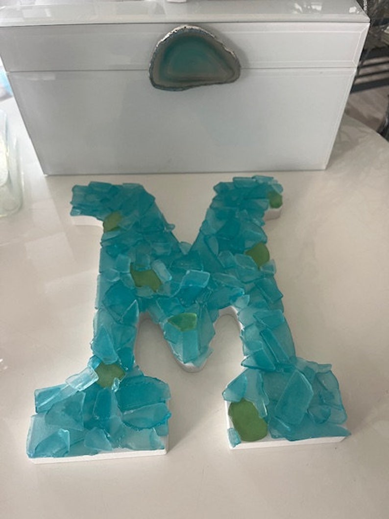 Beach Decor Sea Glass Letter Aqua Sea Glass Initial Coastal Home Decor Sea Glass Custom Wooden Letters Beach Beach Weddings 画像 5