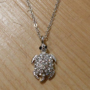 Turtle Necklace - Tiny Silver Sea Turtle Necklace - Rhinestone Turtle Necklace