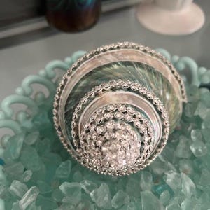 May include: A spiral seashell decorated with rows of clear, sparkling rhinestones along its ridges. The shell features iridescent green and pearlescent tones, resting within a light blue decorative bowl filled with small, translucent blue glass stones.