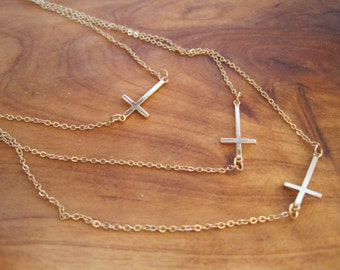 Gold Cross Necklace - Layered Cross Necklace - Horizontal Cross Necklace