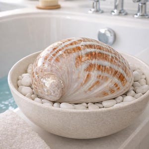 Könnte beinhalten: Eine große, gestreifte Muschel in Braun und Creme liegt in einer weißen Schale, die mit kleinen, weißen Kieselsteinen gefüllt ist. Die Schale steht auf einer weißen Oberfläche in der Nähe einer Badewanne, mit weißen Handtüchern und einem Fenster im Hintergrund.