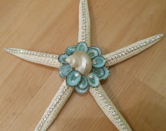 Beach Decor Embellished Starfish with Limpet Shells and Swarovski Crystals  - Decorated Starfish - Coastal Home Decor - Beach Wedding