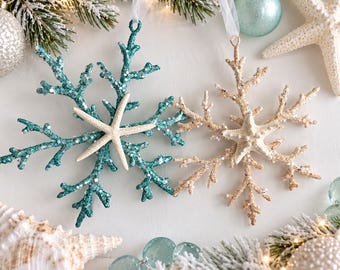 Glitter Coral Snowflake Ornaments with Real Starfish  -Starfish Ornament - Beach Christmas Decor Coastal Tree Decor - Beach House -Nautical