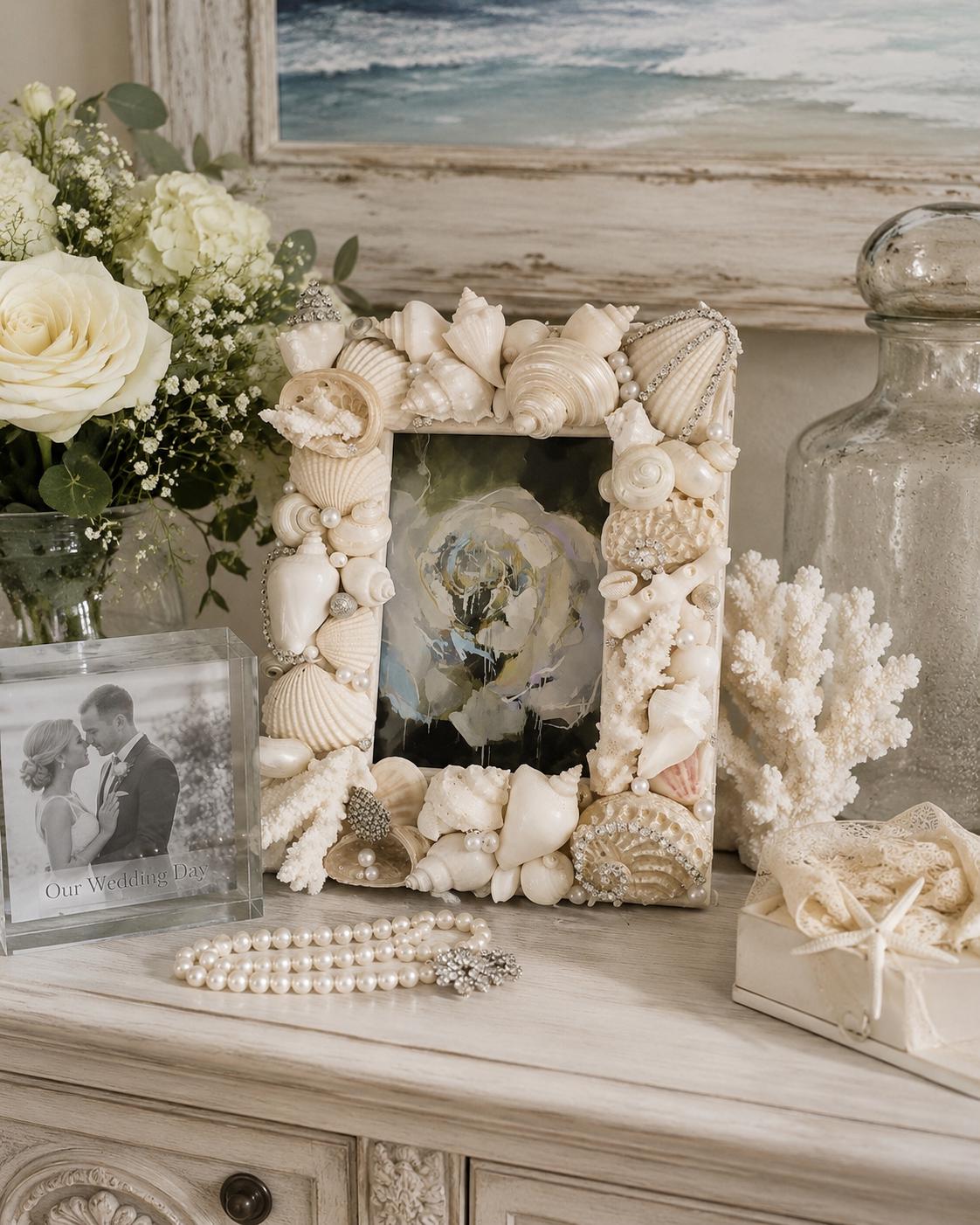 White Seashell Picture Frame With Swarovski Embellishments