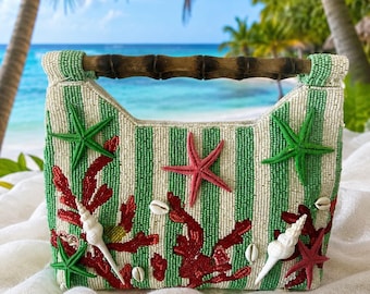 Beach Decor Handmade Seashell and Starfish Beaded Handbag Resort/Vacation Bag -Beaded Bag With Real Shells -Luxury Handbag-Island Vacations