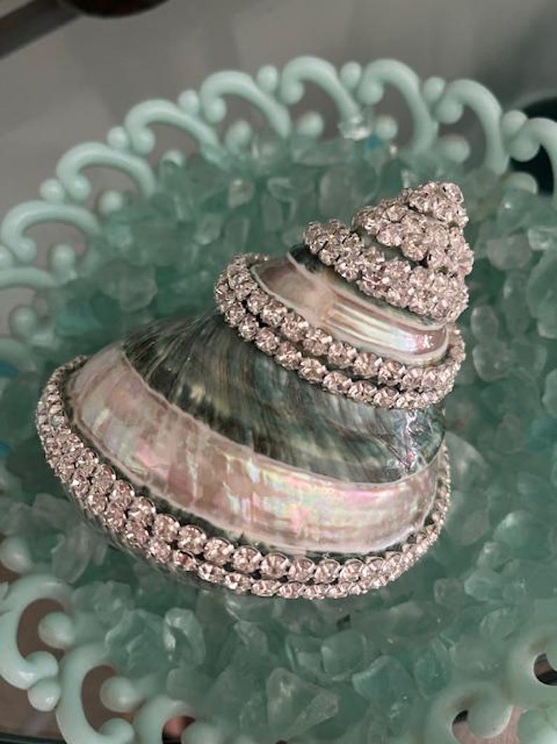 May include: A spiral seashell with a pearlescent, iridescent surface featuring bands of clear, sparkling rhinestones wrapped around its exterior. The shell displays natural shades of grey, green, and pink, accented by the reflective, faceted crystal trim.