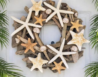 Beach Decor Starfish Driftwood Wreath - Starfish Wreath - Shell Wreath - Coastal Home Decor - Seashells - Christmas Wreath
