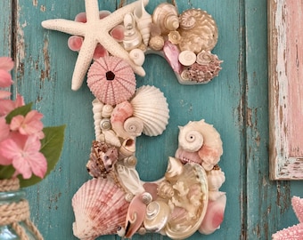 Handmade Seashell Letter "E" in Pink Shells- Colorful Shell Letters - Pink Shell Initial - Wooden Letters -Beach Wedding - Beach House Decor