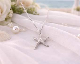 Collar de estrella de mar para boda en la playa con cristales transparentes - Collar de estrella de mar con diamantes de imitación plateados - Joyería de estrella de mar - Regalo - Accesorios para damas de honor