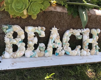 Beach Decor "BEACH" Shell Letters - Soft Tropical Colored Shells - Beach Sign - Shell Letters - Wooden Letters - Beach Wedding - Gift