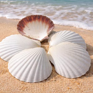 May include: A collection of white scallop shells arranged in a circle on a sandy beach. One shell has a brown and white interior. The background shows the ocean and the shoreline.
