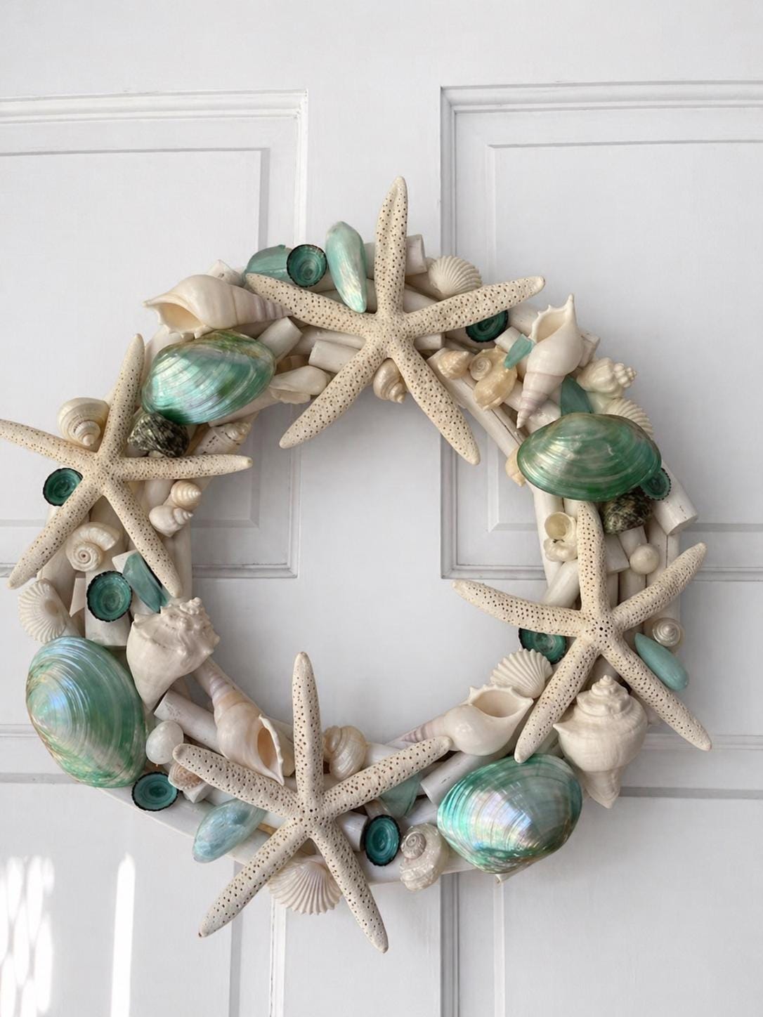 Beach Decor Seashell and Starfish Driftwood Wreath - Turquoise