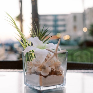 May include: A clear glass vase filled with white sand, seashells, and a white lily. A starfish sits on top of the seashells.