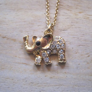 Gold Elephant Necklace - Gold Rhinestone Elephant Necklace - Crystal Elephant Necklace - Elephants - Elephant Jewelry