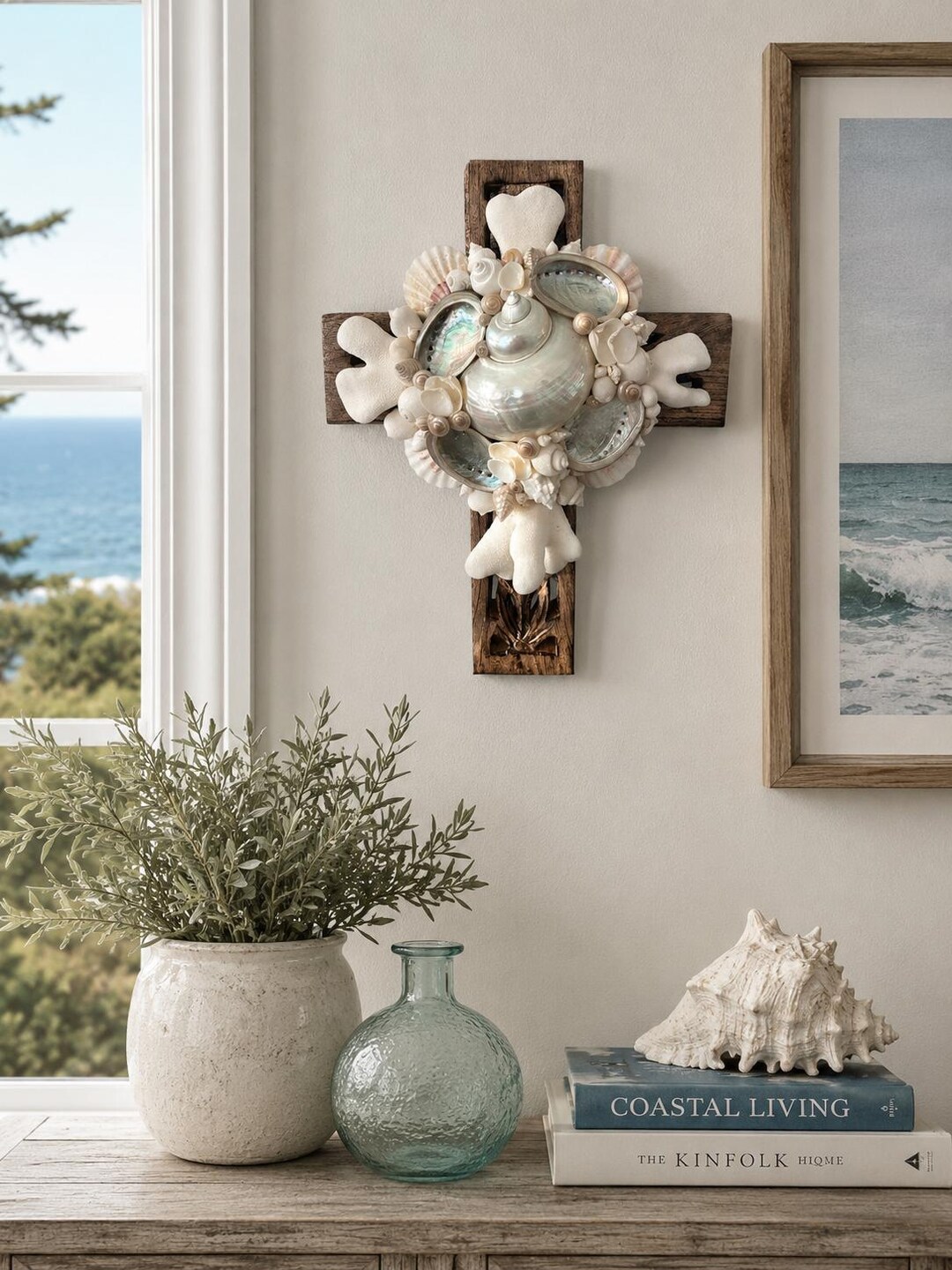 Shell Cross Decor Wooden Carved Cross Embellished With Natural White Shells & Coral ...