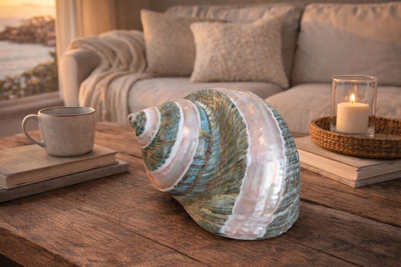 Beach Decor Large Polished Green Banded Snail Shell - Turbo Snail Shell - Seashells - Coastal Home Decor - Seashells - Beach Wedding image 3
