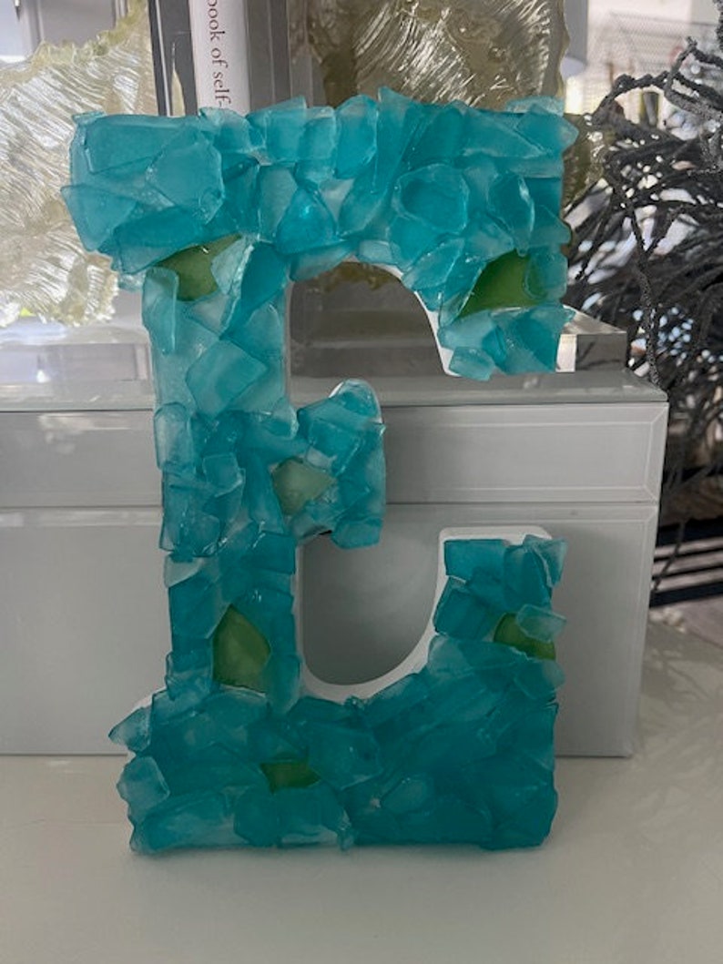 Beach Decor Sea Glass Letter Aqua Sea Glass Initial Coastal Home Decor Sea Glass Custom Wooden Letters Beach Beach Weddings 画像 10