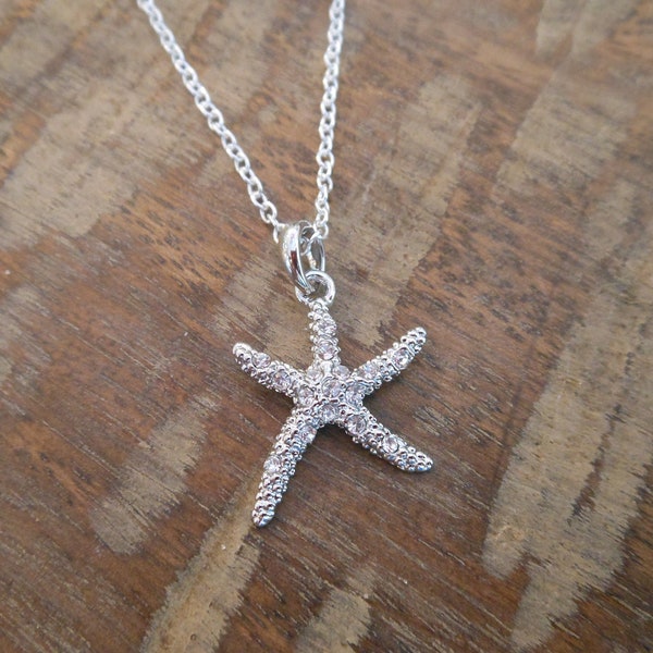 Starfish Necklace with Clear Crystals - Silver Rhinestone Starfish Necklace - Beach Wedding -Starfish Jewelry -Gift - Bridesmaid Accessories