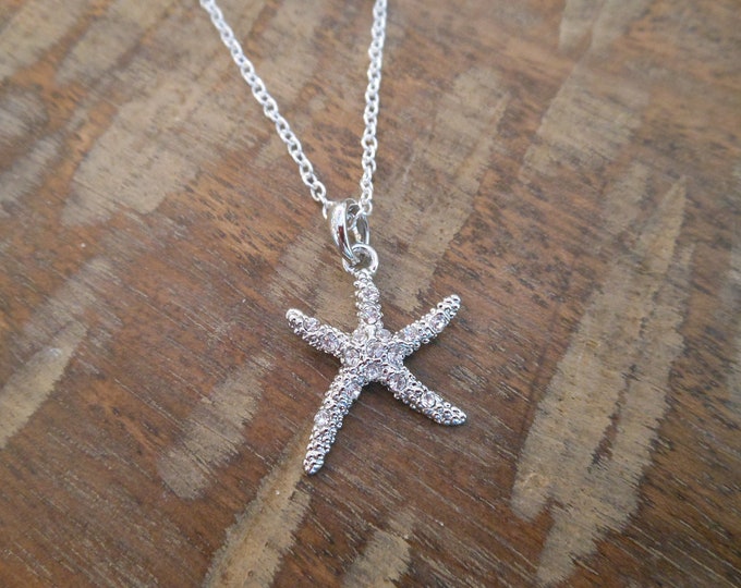 Starfish Necklace with Clear Crystals - Silver Rhinestone Starfish Necklace - Beach Wedding -Starfish Jewelry -Gift - Bridesmaid Accessories