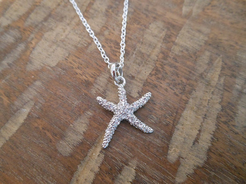 Starfish Necklace with Clear Crystals Silver Rhinestone Starfish Necklace Beach Wedding Starfish Jewelry Gift Bridesmaid Accessories image 1