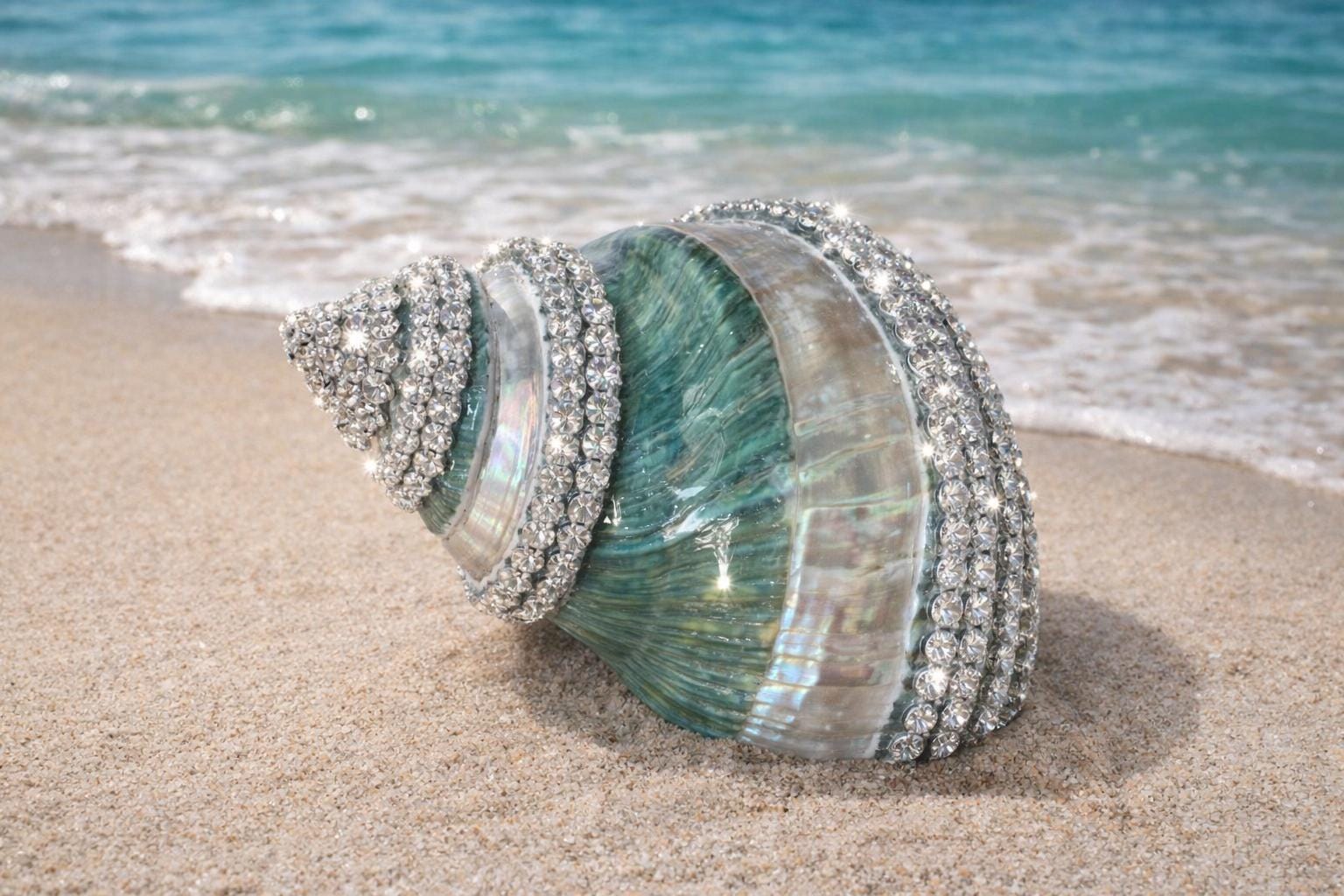 Embellished Polished Green Banded Snail Shell With Swarovski
