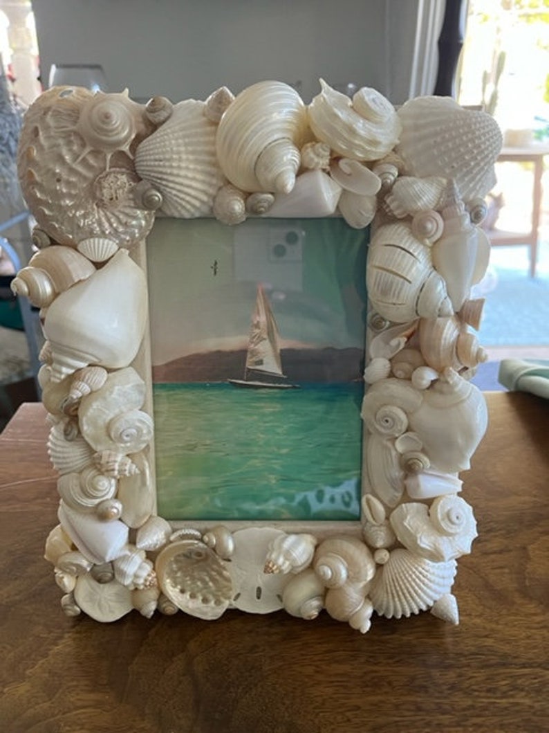 Beach Decor White Seashell Picture Frame Shell Frame White Shell Picture Frame Shell Wood Frame Beach Wedding Gift image 6