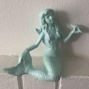 Cast Iron Mermaid with Starfish - Seafoam Mermaid - Painted Cast Iron Mermaid - Mermaid Decor -Girls Room- Beach House - Coastal Beach Decor