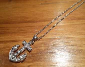 Silver Rhinestone Anchor Necklace - Anchor Necklace