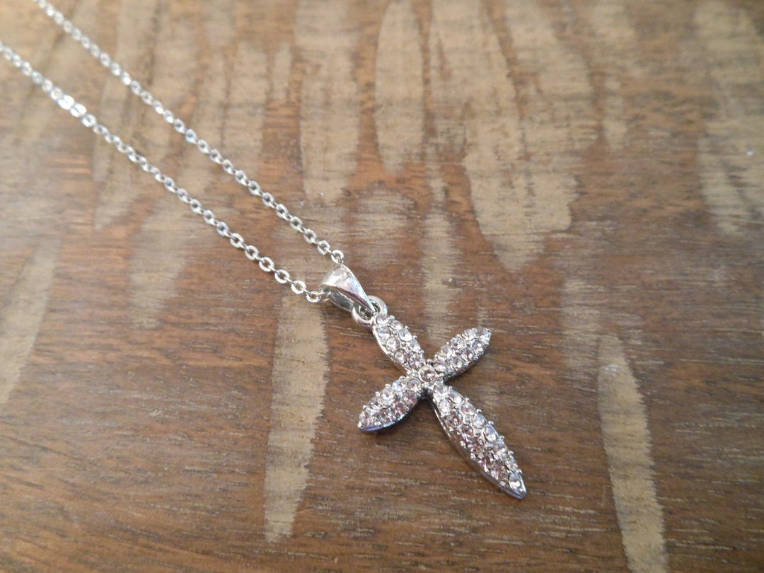 Silver Cross Necklace Rhinestone Cross Necklace Etsy