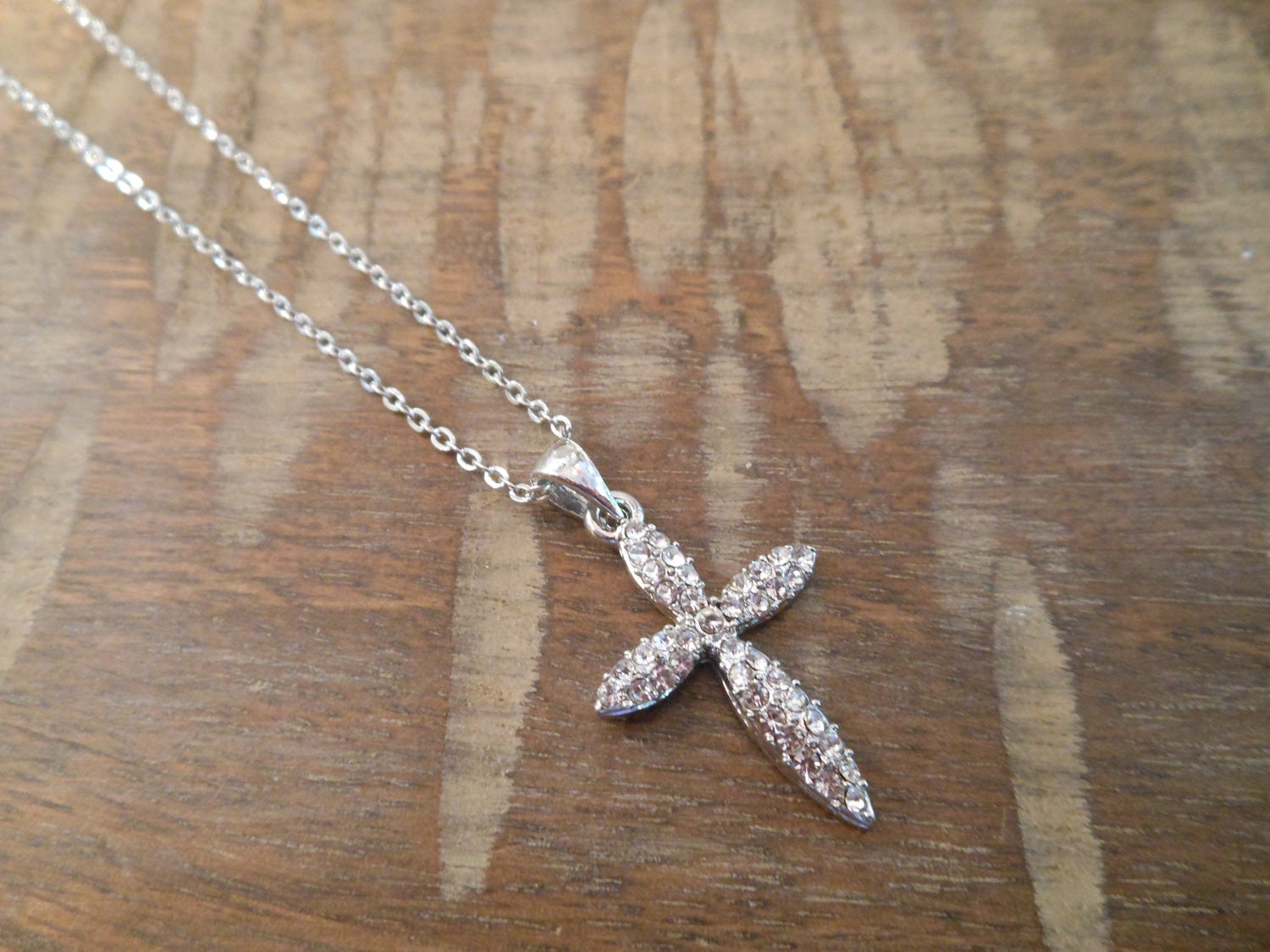 Silver Cross Necklace Rhinestone Cross Necklace Etsy