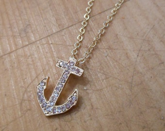 Tiny Rhinestone Gold Anchor Necklace - Tiny Thin Gold Anchor Necklace