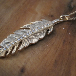 Gold Rhinestone Feather Necklace - Feather Necklace - Feather Jewelry - Rhinestone Feather Necklace