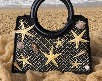 Beach Decor Handmade Seashell Handbag - Resort/Vacation Bag -Rattan Bag With Real Shells -Luxury Handbag for Island Vacations -Beach Wedding