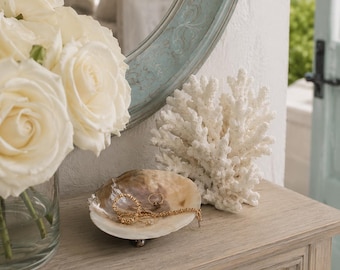 Plato de joyería de concha de ostra hecho a mano - Jabonera de concha - Plato de concha - Plato de concha - Decoración costera - Habitación de invitados - Decoración de baño