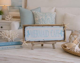 Meerjungfrau Cafe Schild - Küsten Wohnkultur - Holzschild - Strandschild - Seestern - Meerjungfrau Cafe - Strandhaus - Strand Dekor - Mädchenzimmer Dekor
