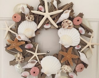 Beach Decor Pink & White Seashell and Starfish Driftwood Wreath - Shell Wreath - Coastal Home Decor -Nautical Christmas - Pastel Wreath